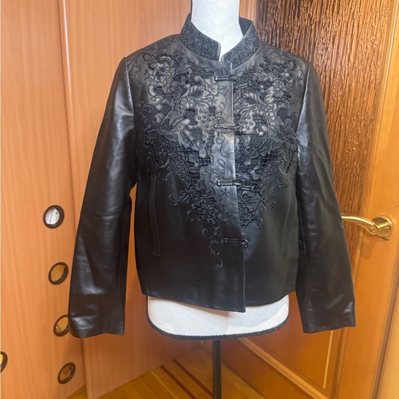 CHANEL Jackets & Blazers - CHANEL black Leather Jacket with Floral Embroidery Sz L